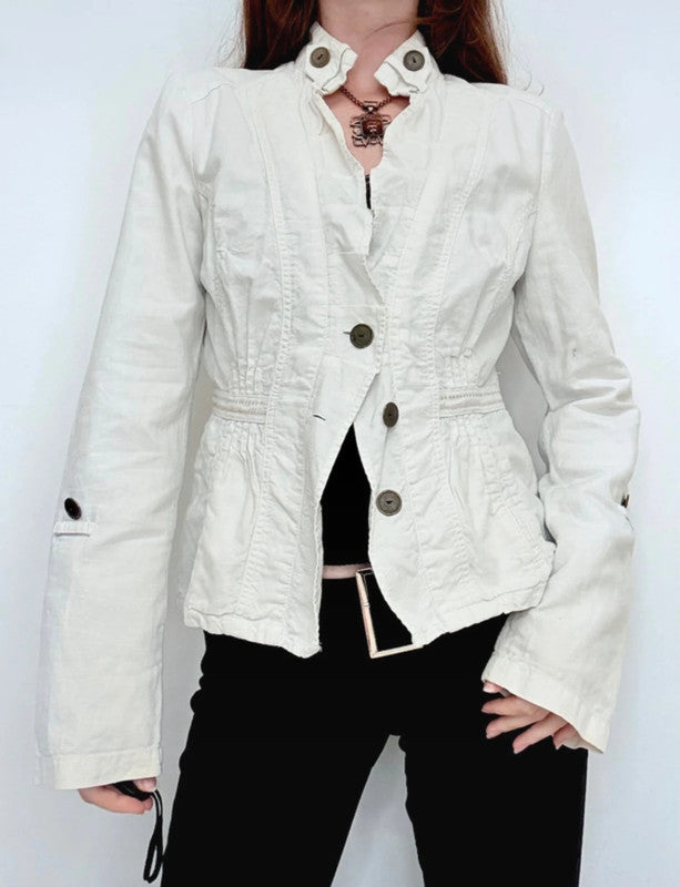 white linen fitted flared regency napoleonic jacket