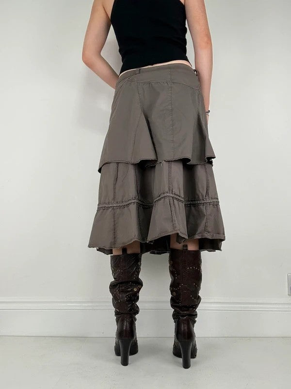 Khaki layered ruffle midi pleated skirt