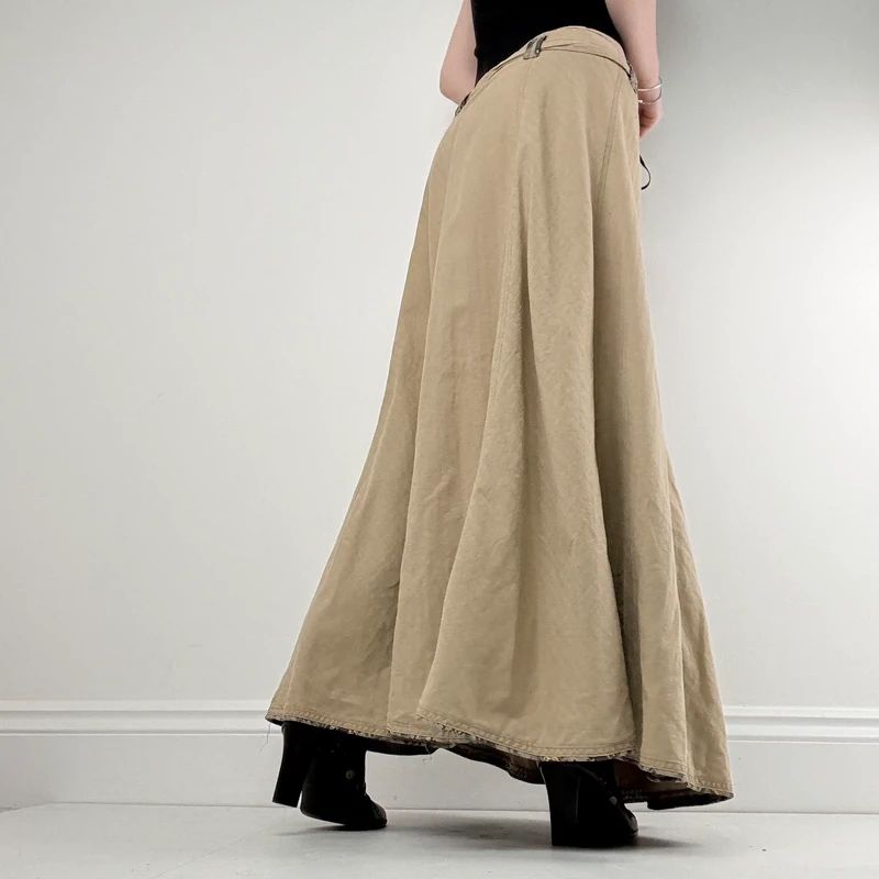 tan linen flared maxi skirt