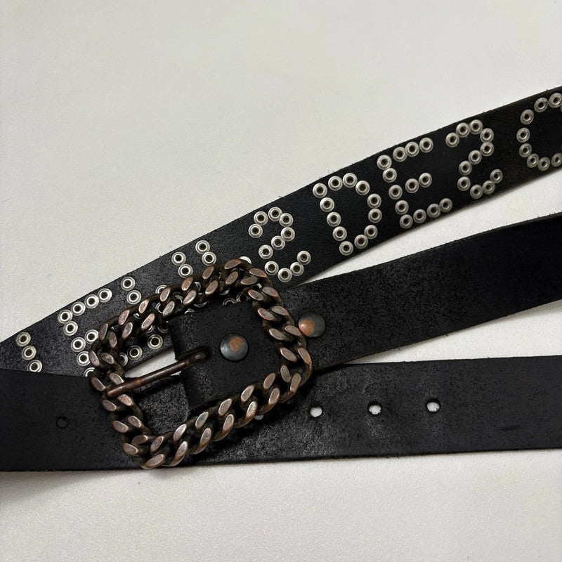 black leather studded spellout belt