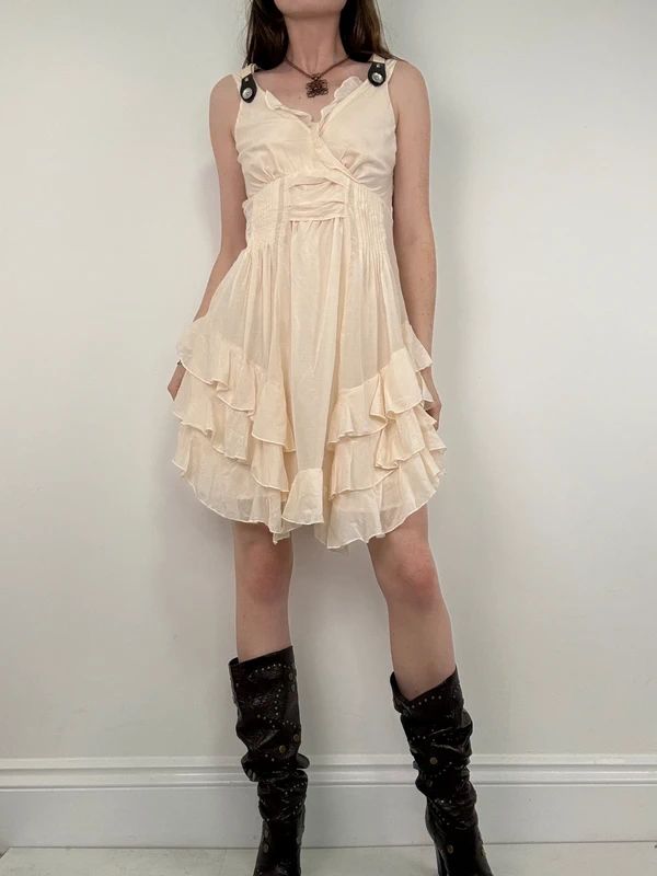 cream layered ruffle cotton silk summer mini dress