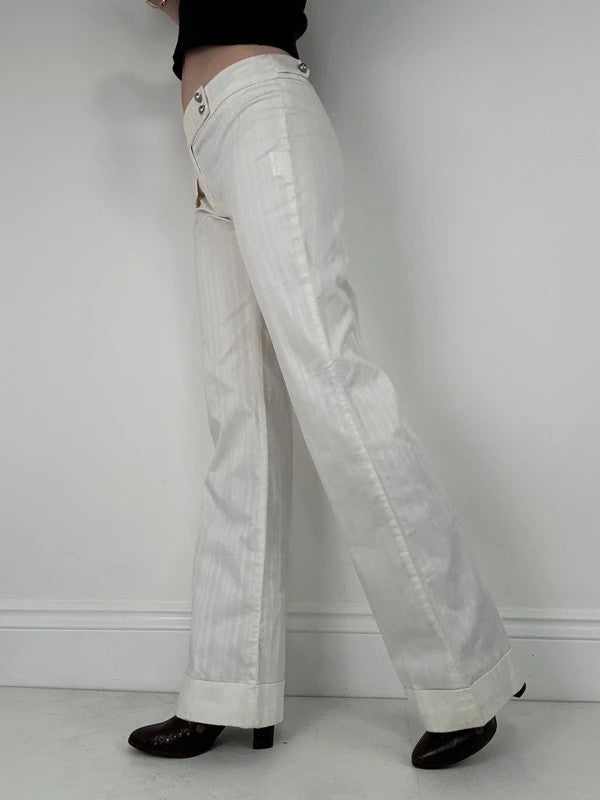 Lot rise white cotton pinstripe flared trousers
