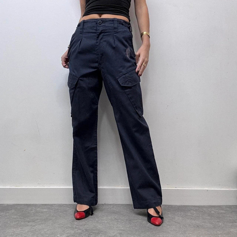 stitch patchwork quilted navy trousers