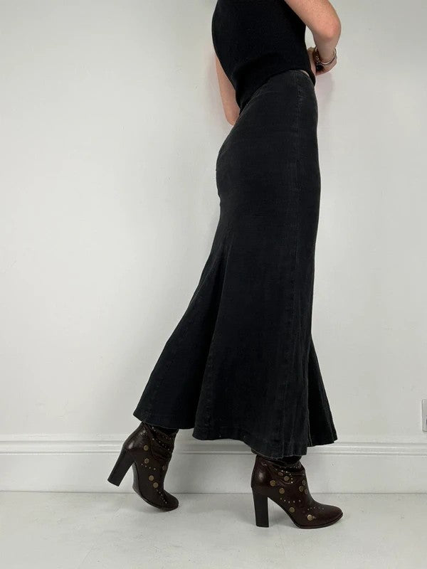 black linen high-waisted stitched flare maxi skirt