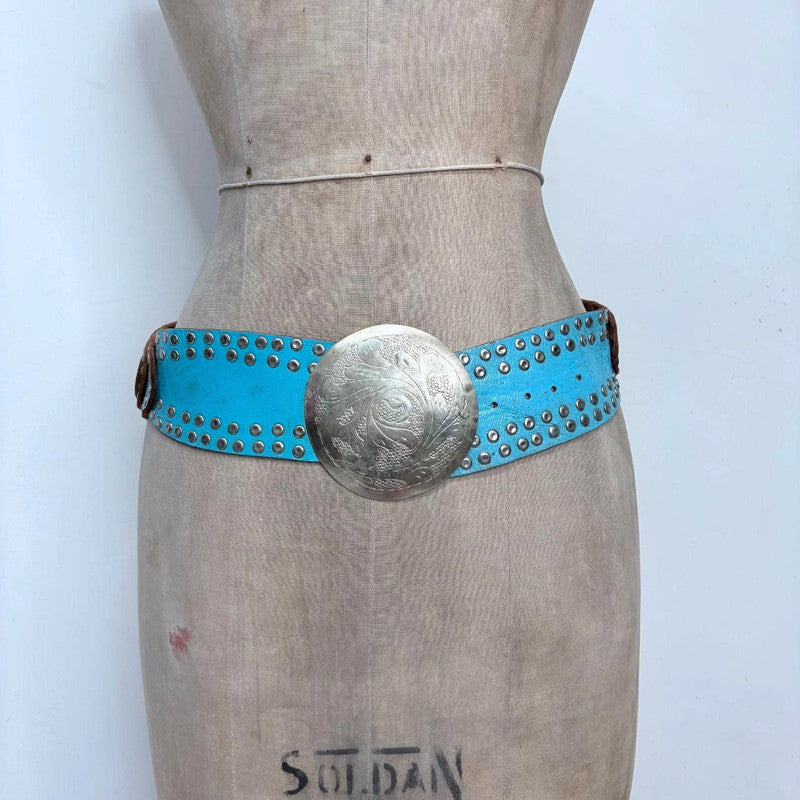 blue western leather studded metal belt