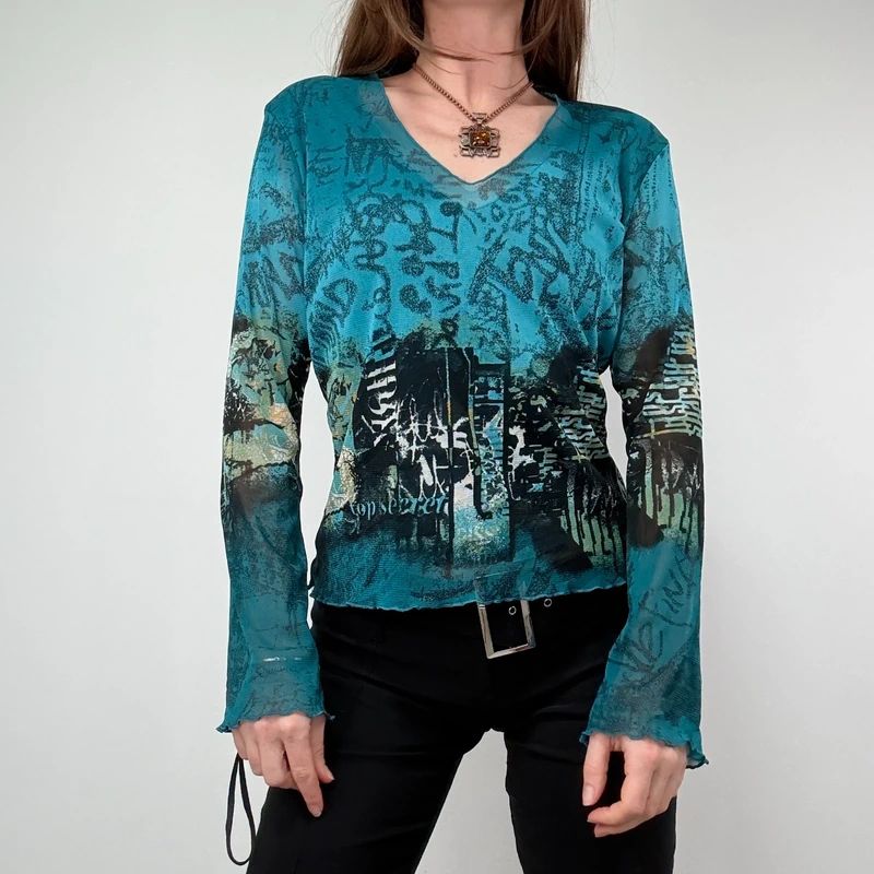 Graphic printed Grunge Mesh Top