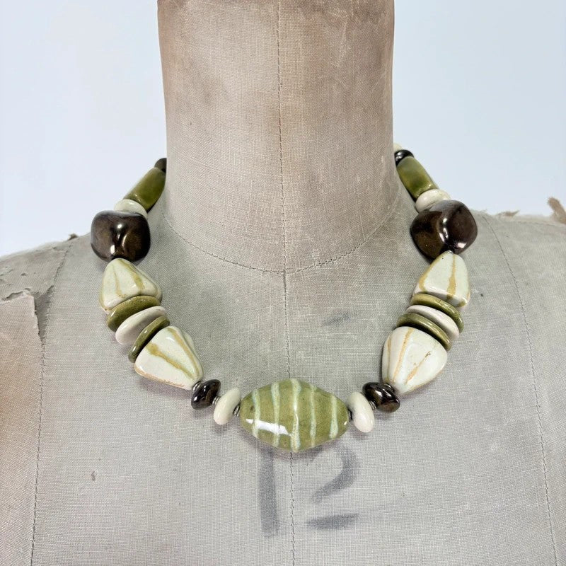 Chunky green brown bead necklace