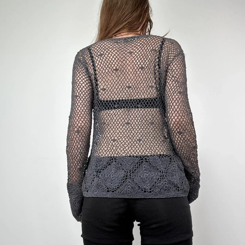 grey crochet sheer lace knit cardigan