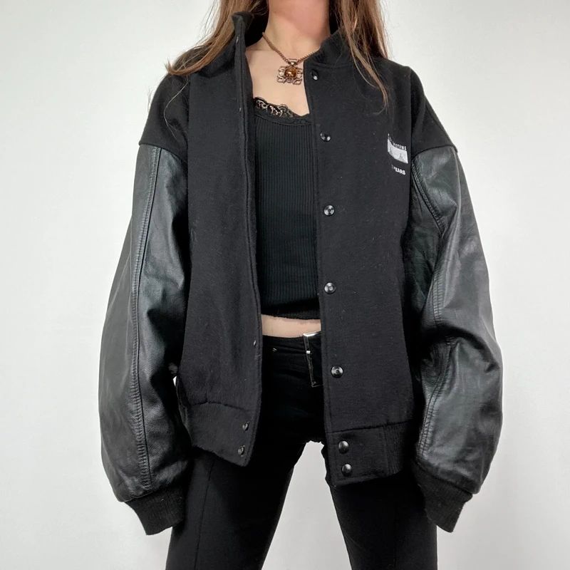 Black Leather Varsity Bomber Jacket