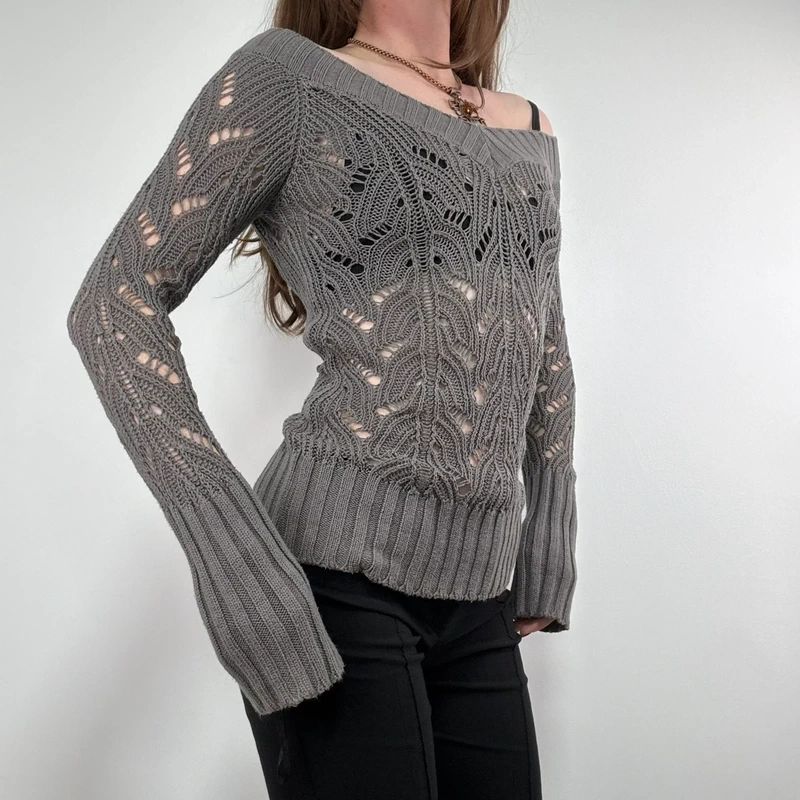 khaki lace knit off the shoulder slouchy jumper