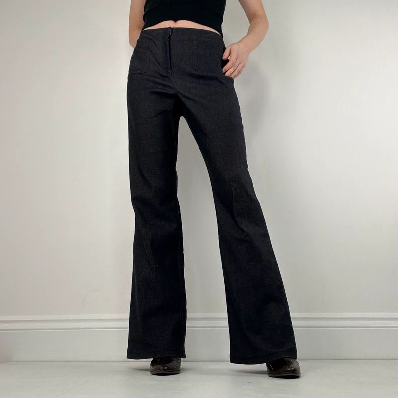 dark denim flared patch pocket trousers