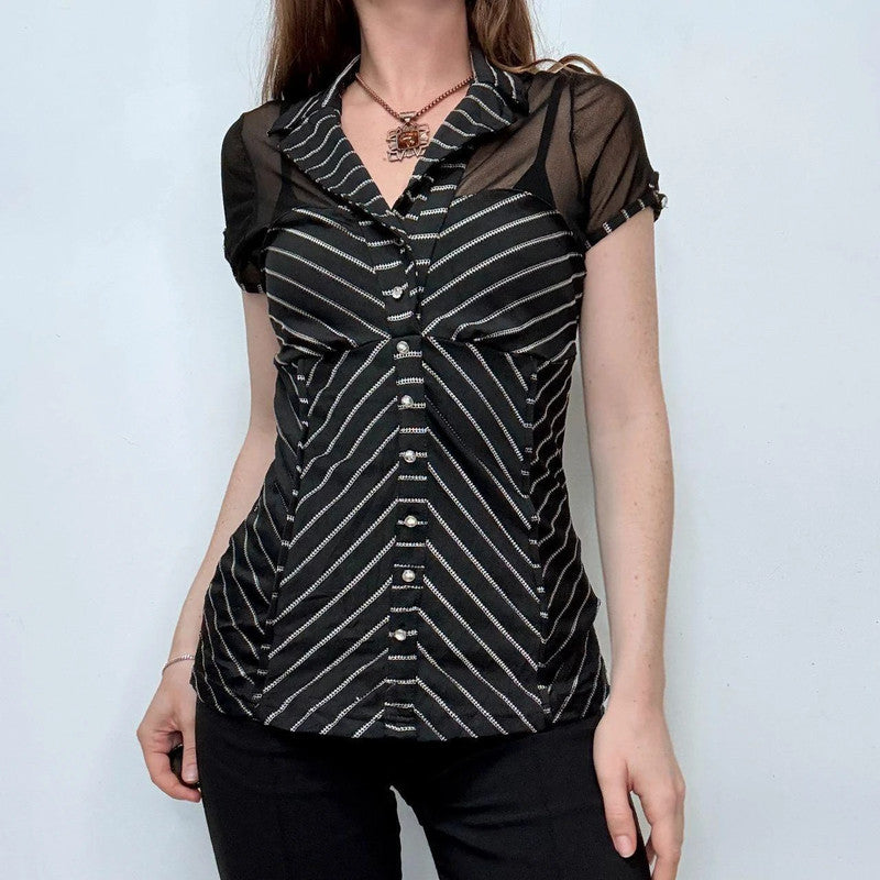 black pinstriped short sleeve shirt