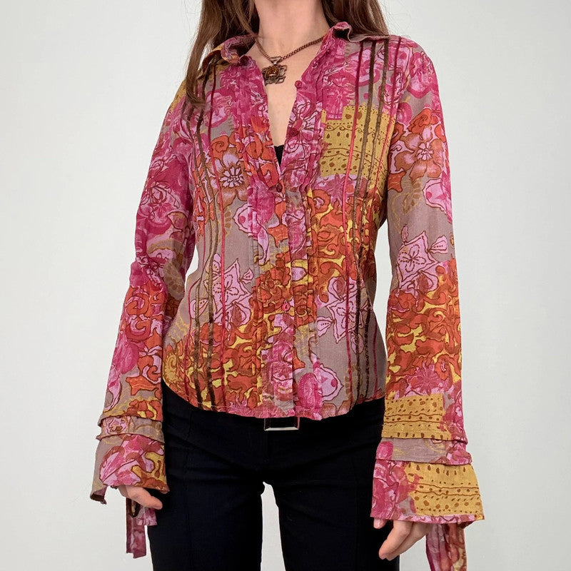 pink and brown floral printed flared shirt