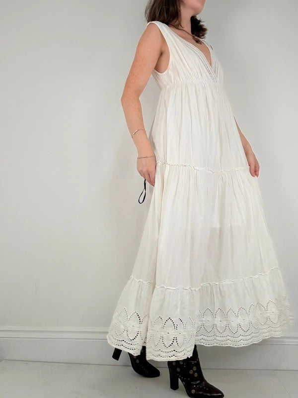 white cotton lace pleated tiered maxi dress