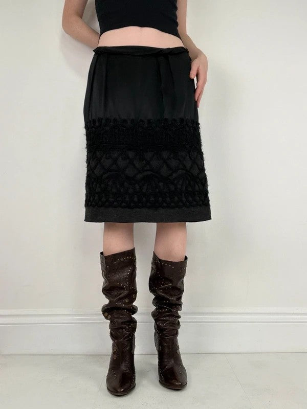 black silk embroidered napoleonic wool midi skirt
