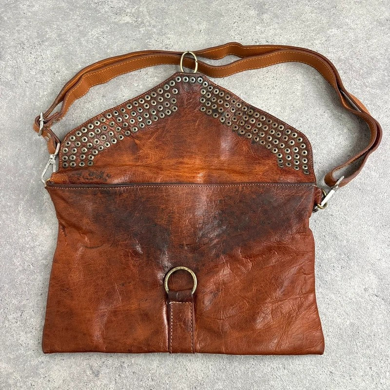 Studded distressed brown leather cargo messenger bag