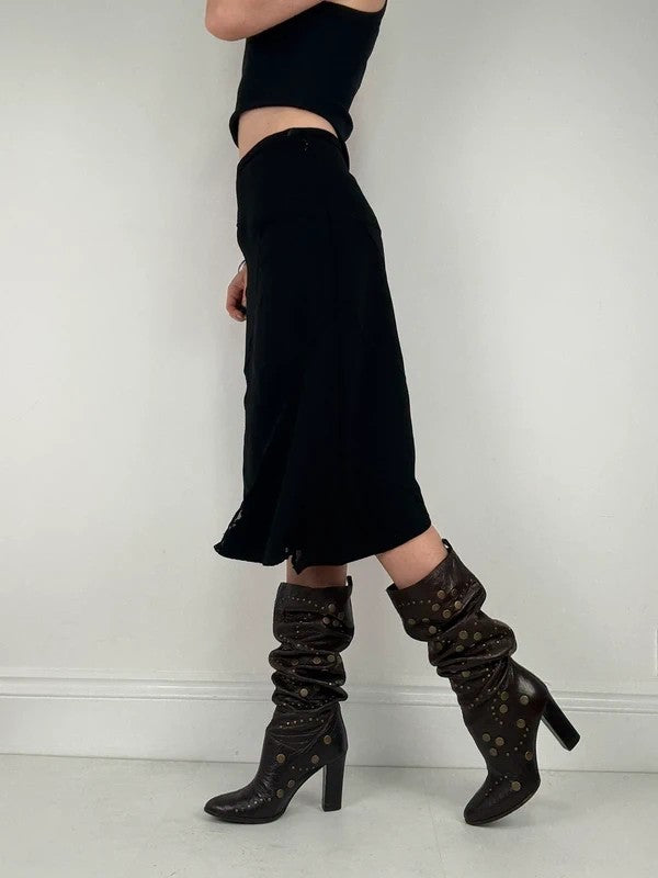 black asymmetric lace panelled midi skirt