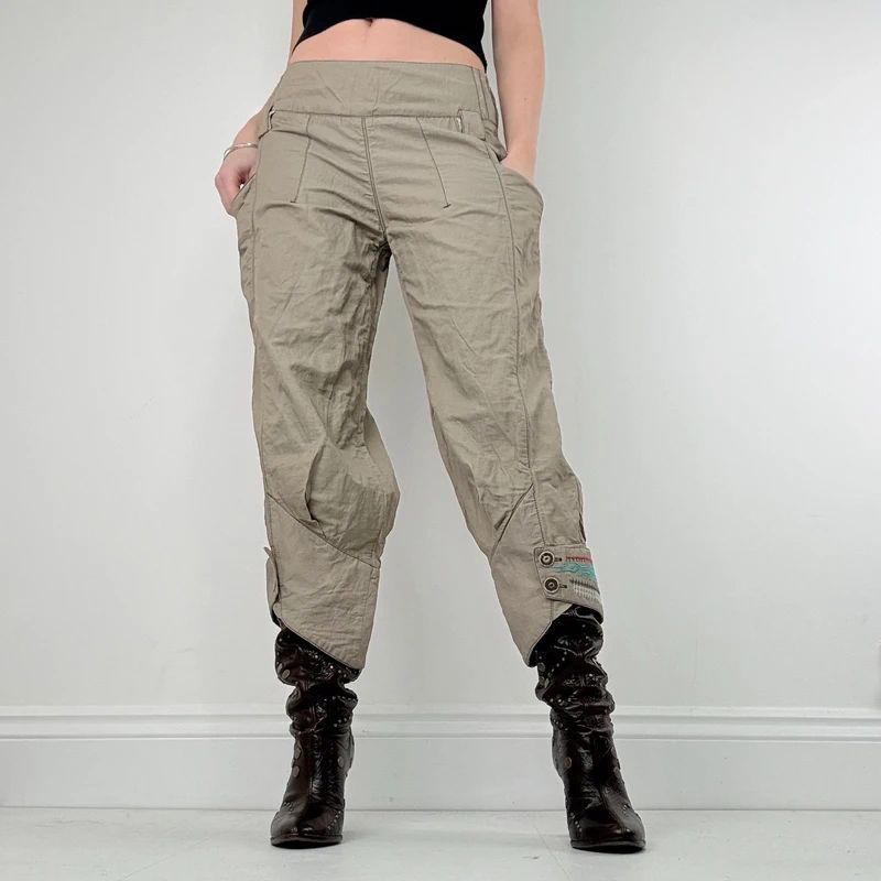 khaki low rise puff pleated trousers