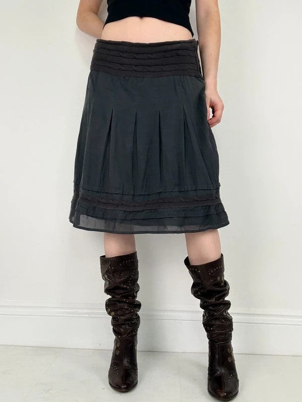 Blue low-rise drop-waist navy sheer midi skirt
