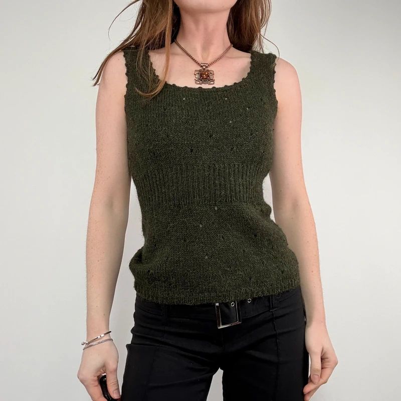 khaki knitted mohair pointelle vest