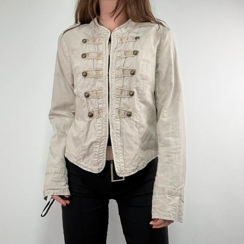 cotton khaki distressed button military jacket