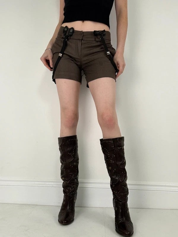 brown mini shorts with braces