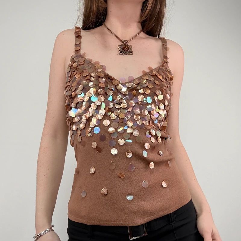 tan mother of pearl disc beadee vest