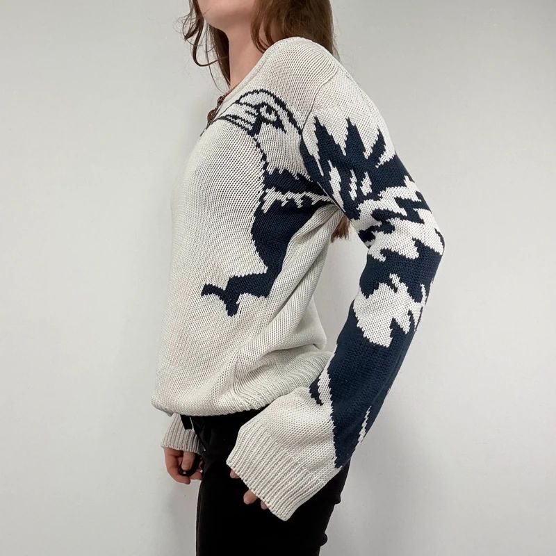 chunky knitted slouchy neck graphic jumper