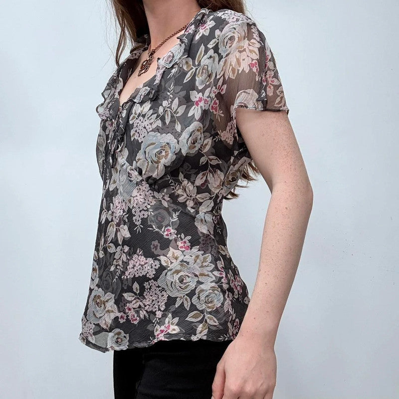 sheer floral flutter silk bias cut top