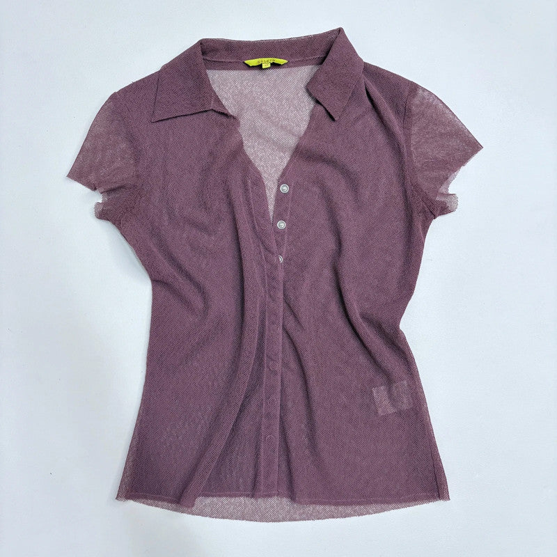 pink sheer mesh button shirt