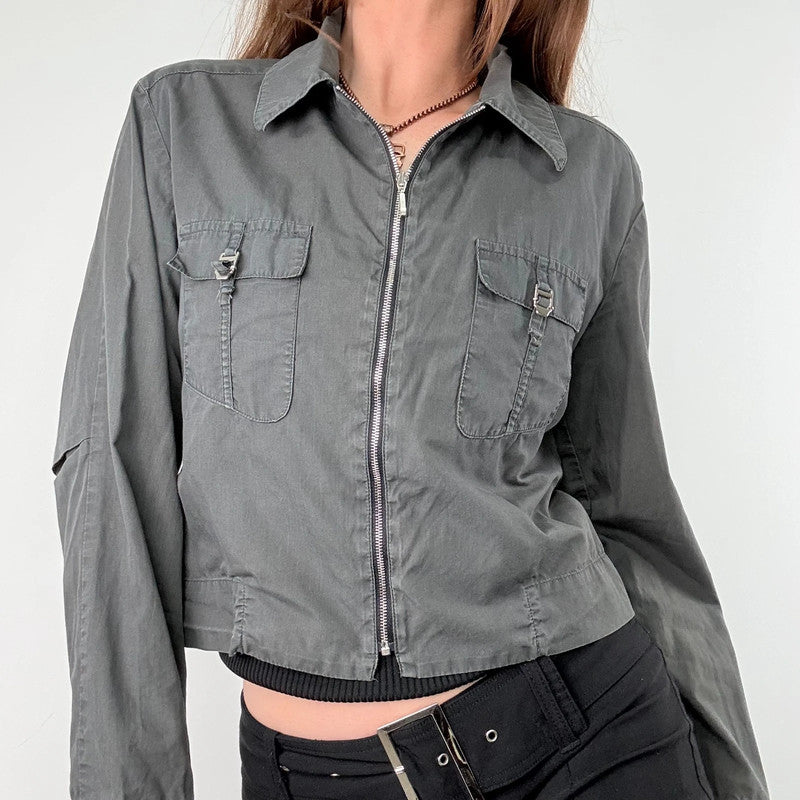 khaki zip through cropped utility jacket