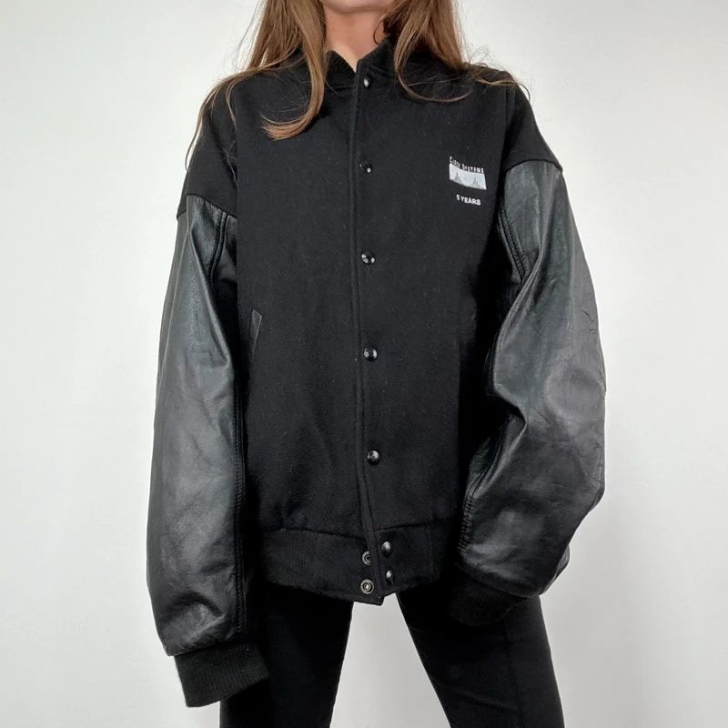 Black Leather Varsity Bomber Jacket