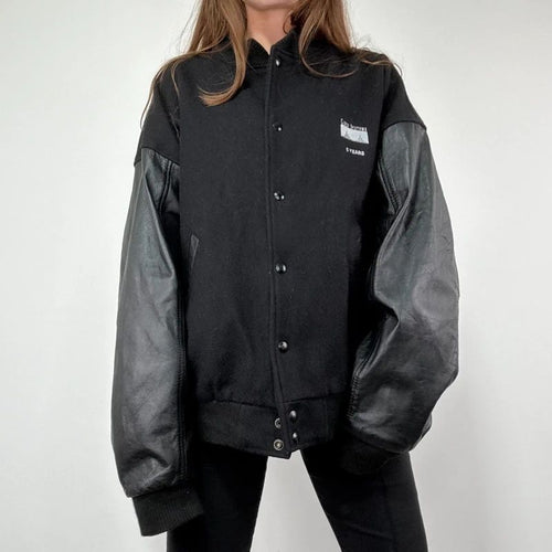 Black Leather Varsity Bomber Jacket