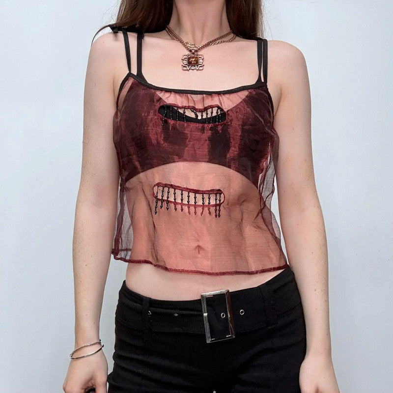 sheer red beaded tassel fray vest