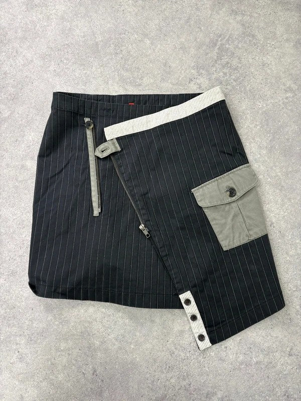 asymmetric deconstructed black pinstripe midi skirt