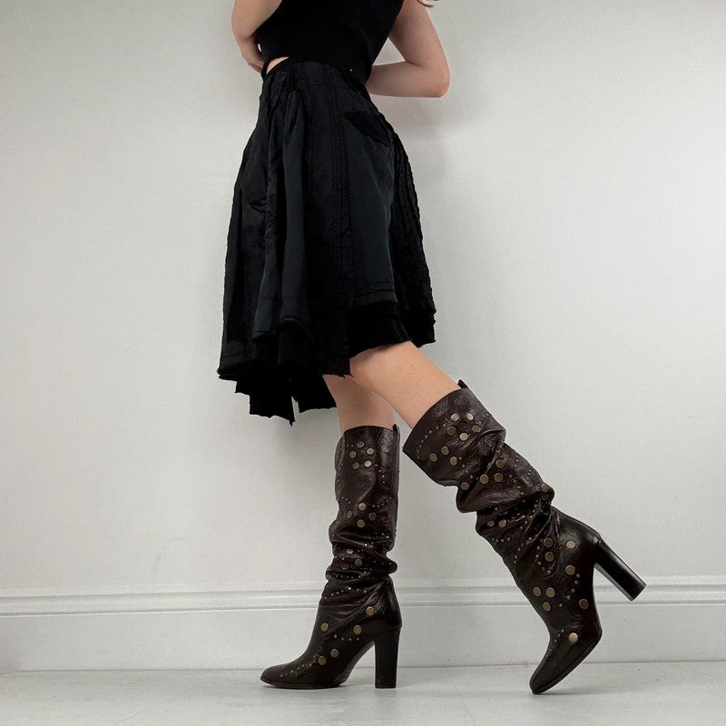 distressed black linen asymmetric flared midi skirt