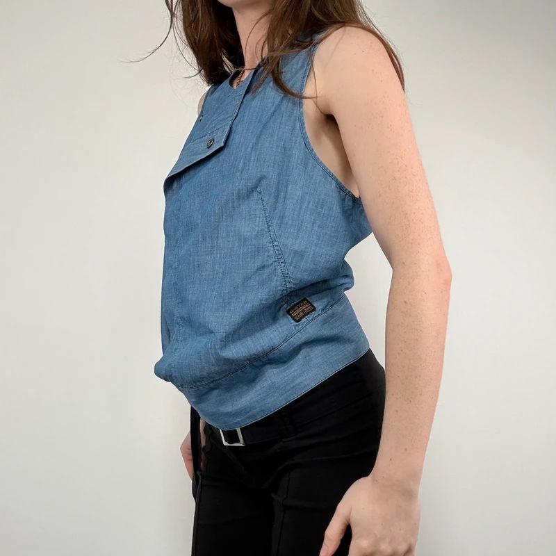 distressed denim asymmetric belted vest