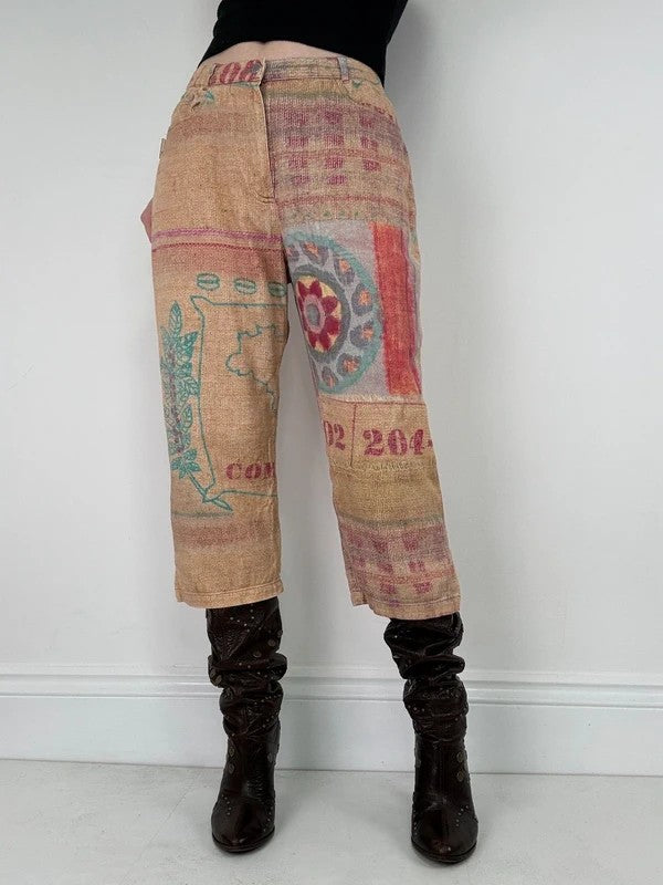 Printed abstract summer textured capri trousers