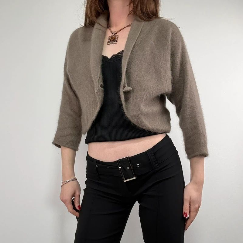 brown angora knit cropped slouchy cardigan