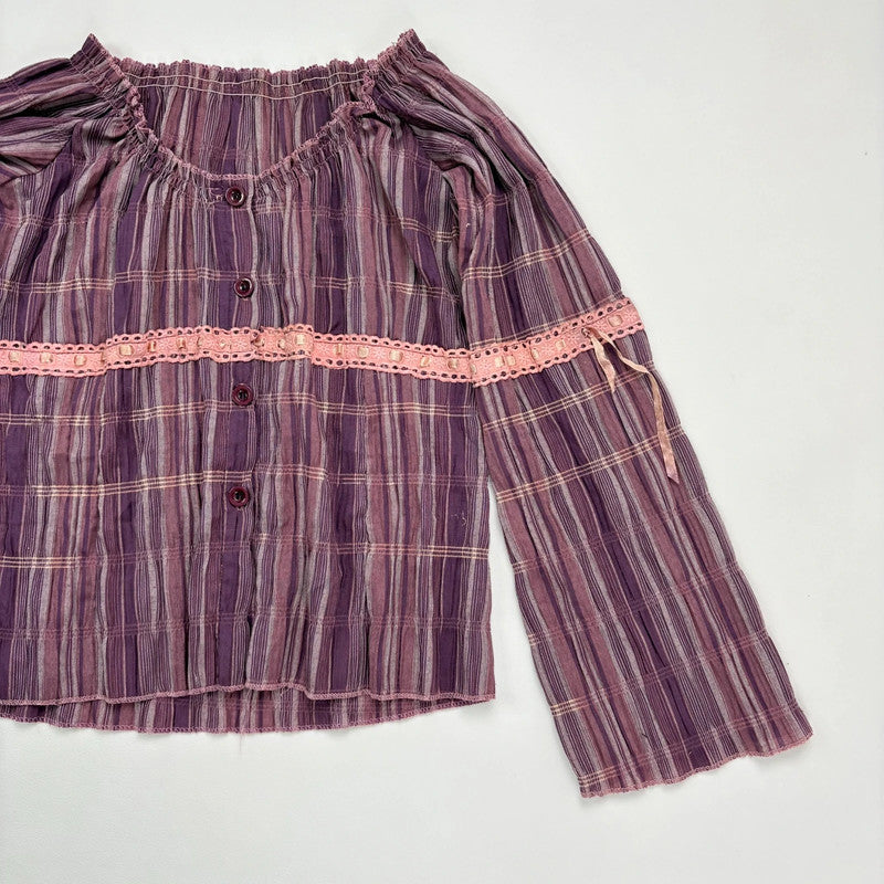tartan off the shoulder gathered cotton shirt