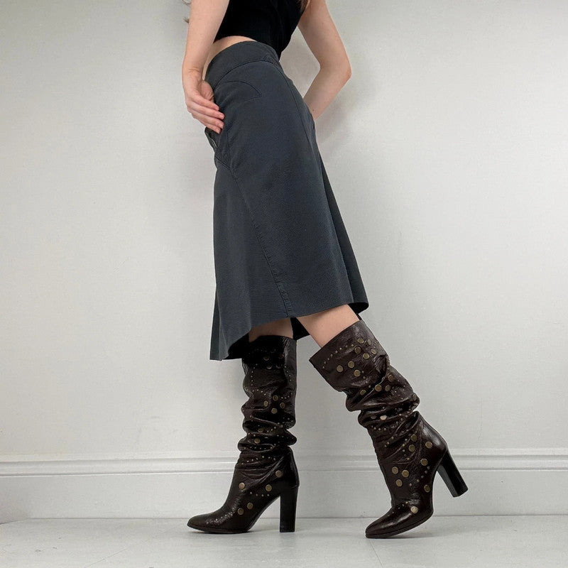 navy blue structured textured midi skirt