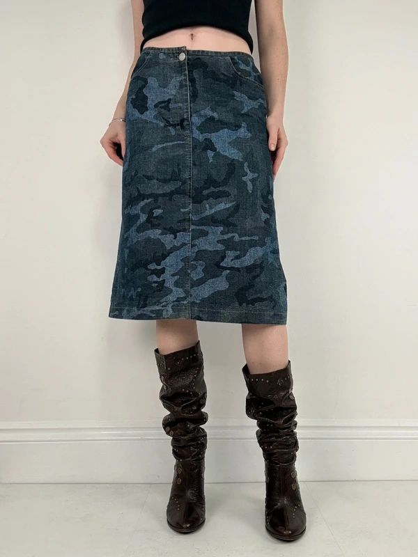 dark denim camo printed midi skirt