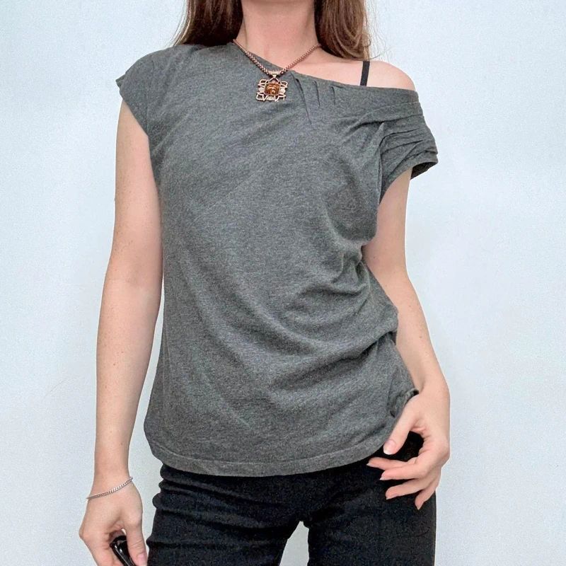 grey slouchy gathered pleated t-shirt top