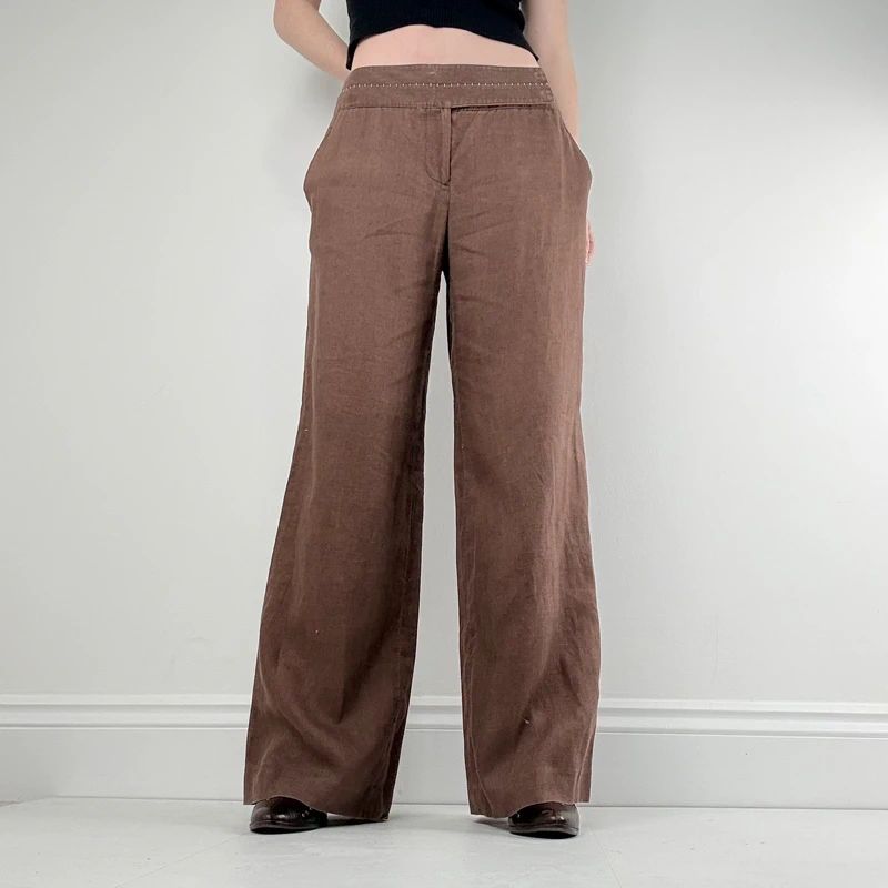 wide leg brown linen trousers