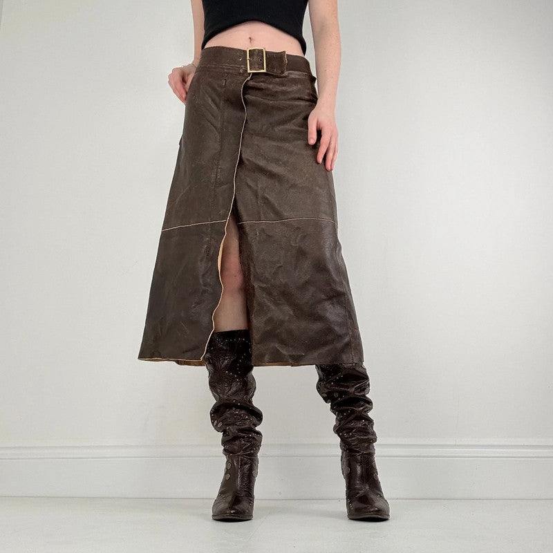chocolate brown leather a-line midi skirt