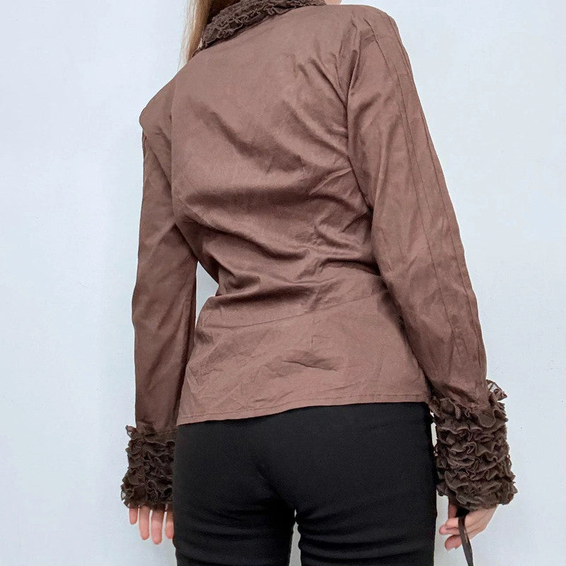 brown ruffle flared shirt