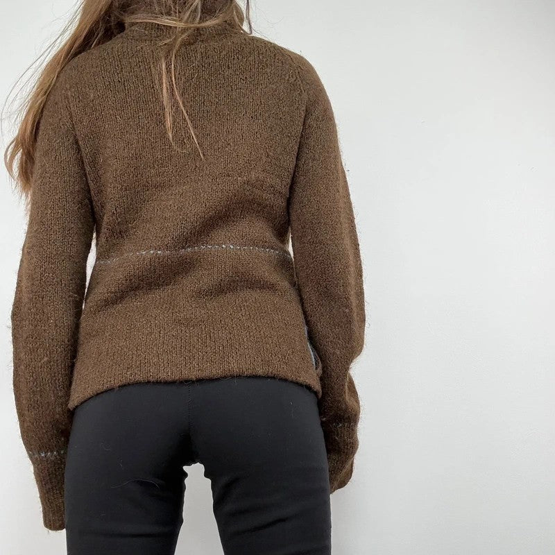 brown knit flared zip through cardigan