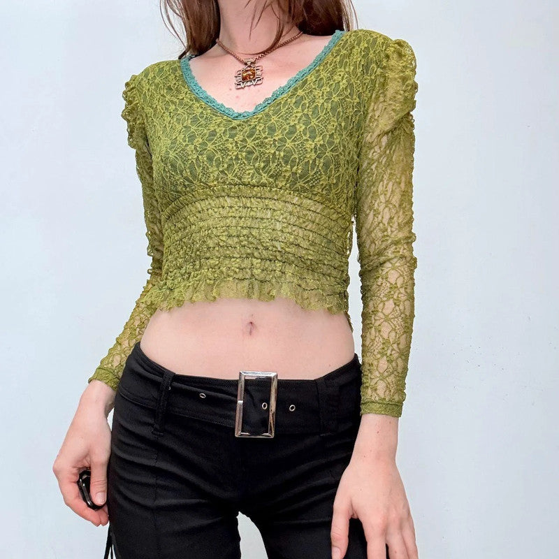 green lace cropped blouse top
