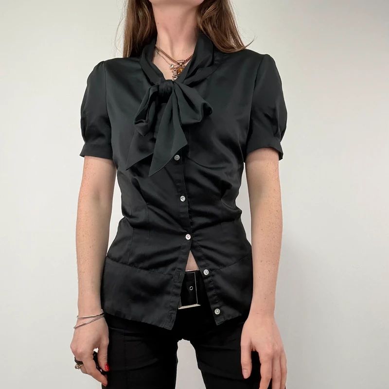 Black Satin Fitted Bow Shirt