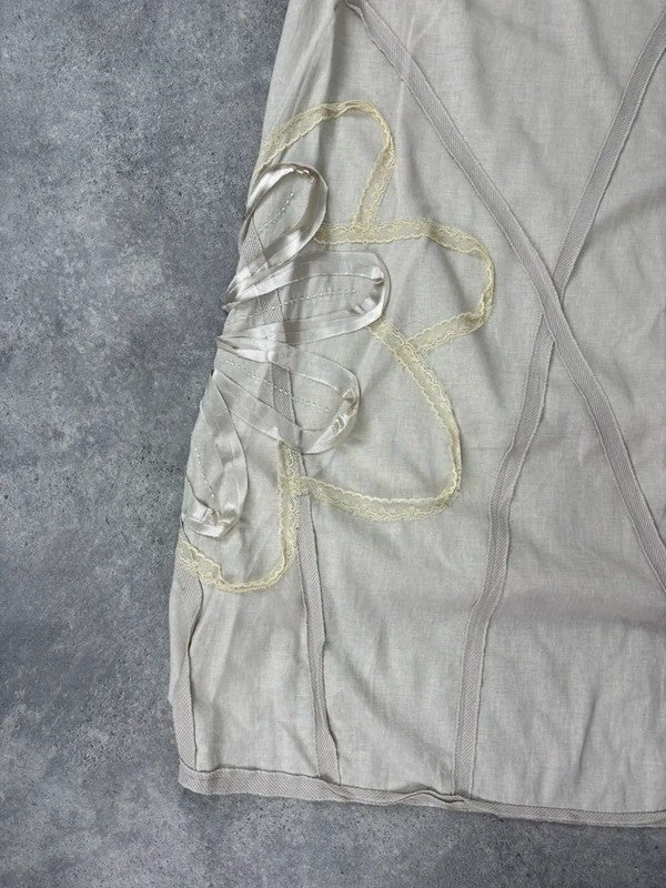 Beige linen flared flower ribbon skirt